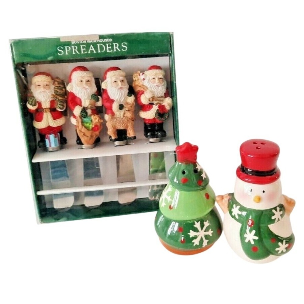 Vtg Boston Warehouse Santa Spreaders‎ 12-128 & Snowman Tree Salt Pepper Shakers